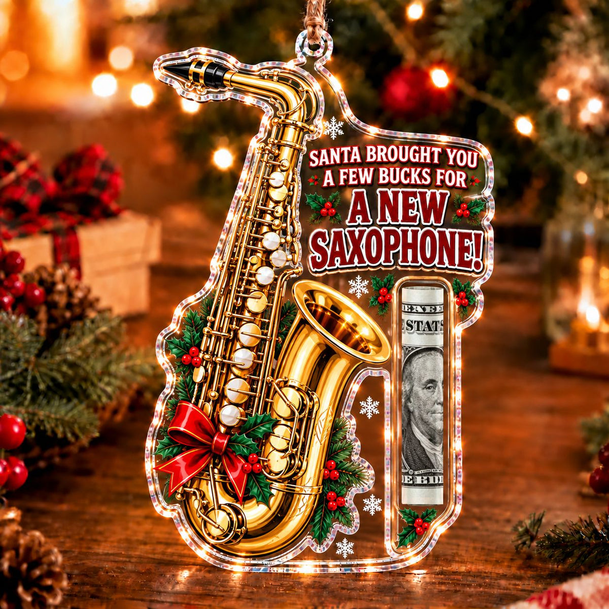 Saxophone Christmas money holder ornament