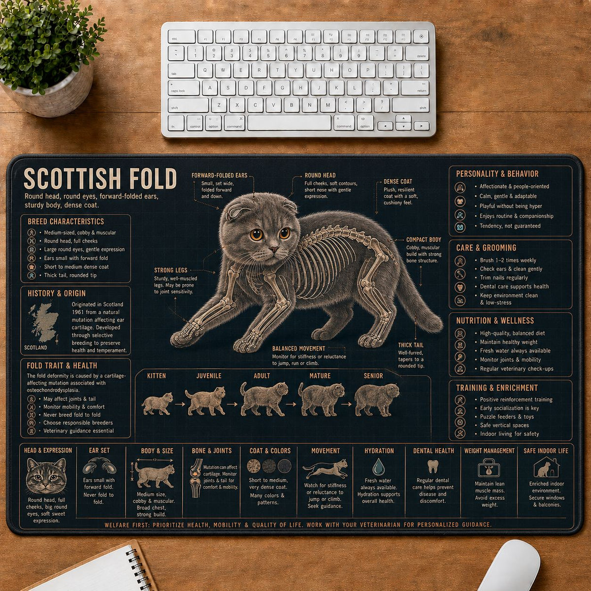 Scottish Fold Cat Breed Desk Mat Anatomy Guide | 5To9Vibe