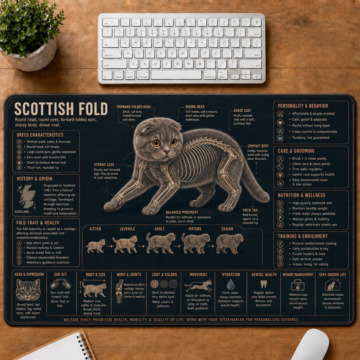 Scottish Fold Cat Breed Desk Mat Anatomy Guide | 5To9Vibe