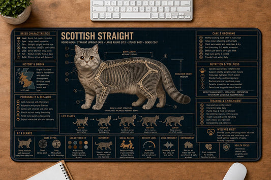 Scottish Straight Cat Breed Desk Mat Anatomy Guide | 5To9Vibe