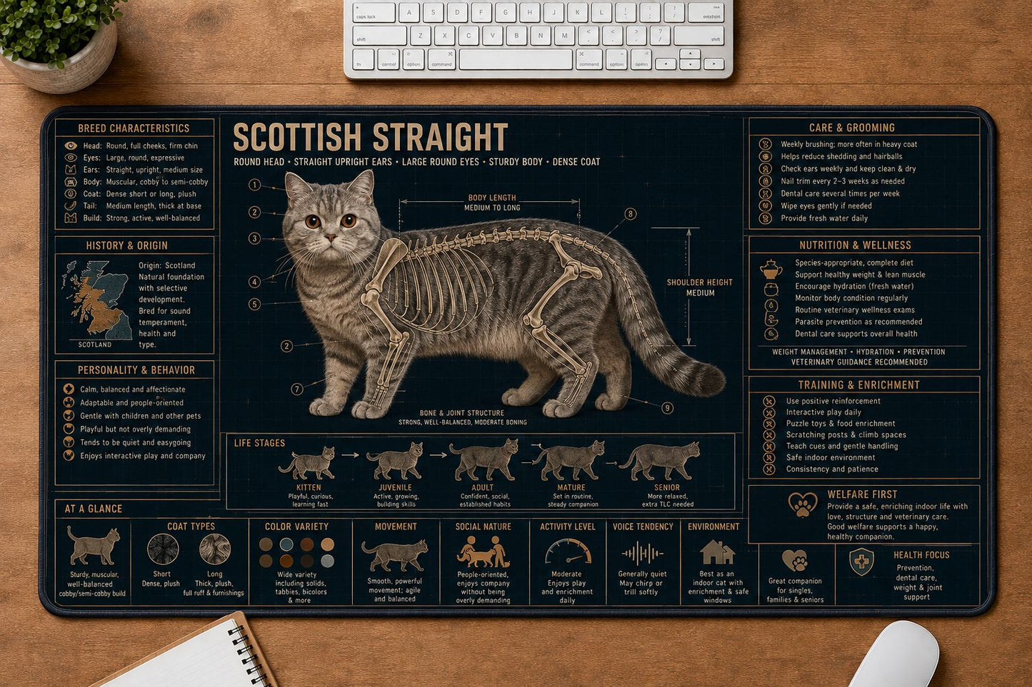 Scottish Straight Cat Breed Desk Mat Anatomy Guide | 5To9Vibe