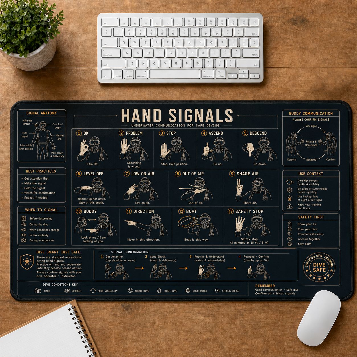 Scuba Hand Signals Desk Mat | 5To9Vibe