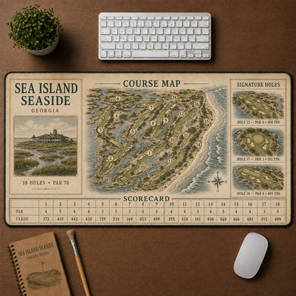 Sea Island Seaside Vintage Golf Course Map & Scorecard Guide Desk Mat | 5To9Vibe