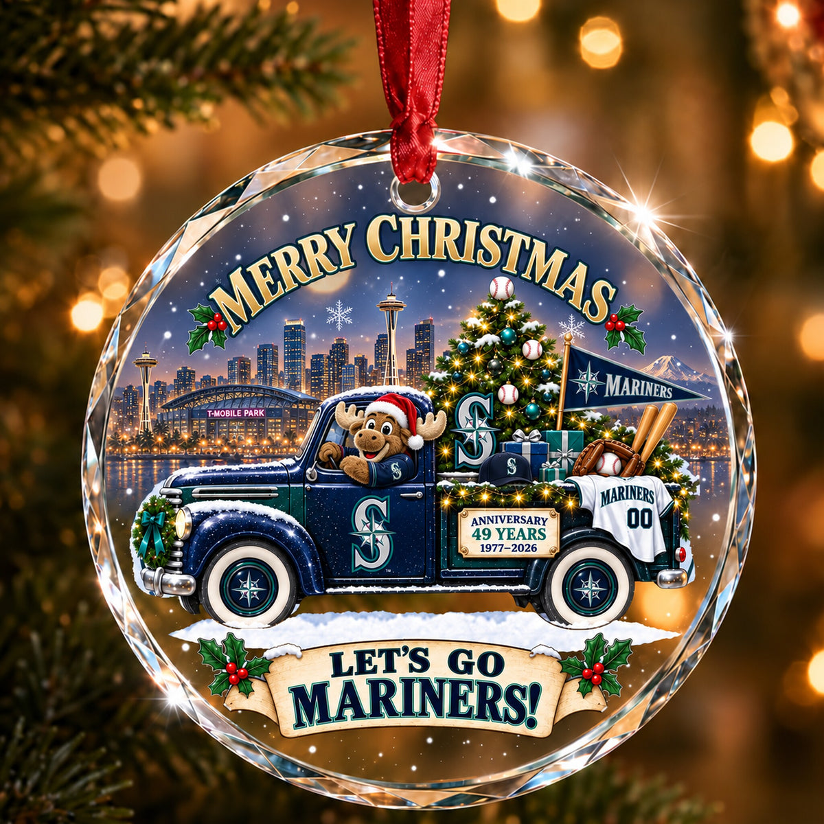 All Baseball Teams Christmas Truck Round Glass Ornament  With Red Gift Box | 5to9vibe