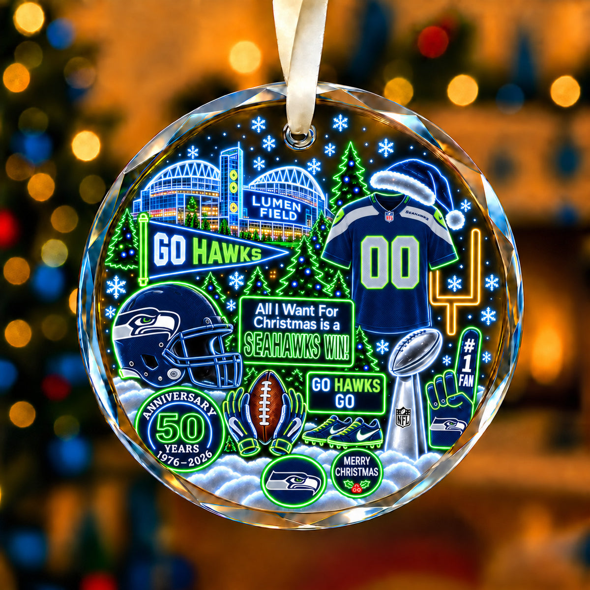 All Football Teams Christmas Neon Stadium Snow Glass Ornament With Gift Box - 5to9vibe