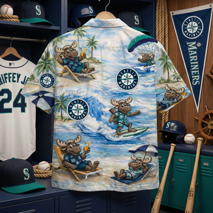 Camisa Hawaiana Unisex con Botones y Vibraciones de Playa de la Mascota de Béisbol SM para Hombres y Mujeres