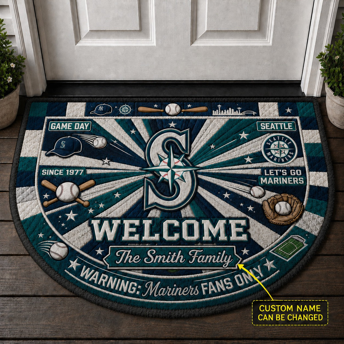 Official-Inspired Baseball Fan Custom Quilted Print Premium Welcome Mat Washable Black Border – Personalized Baseball Doormat