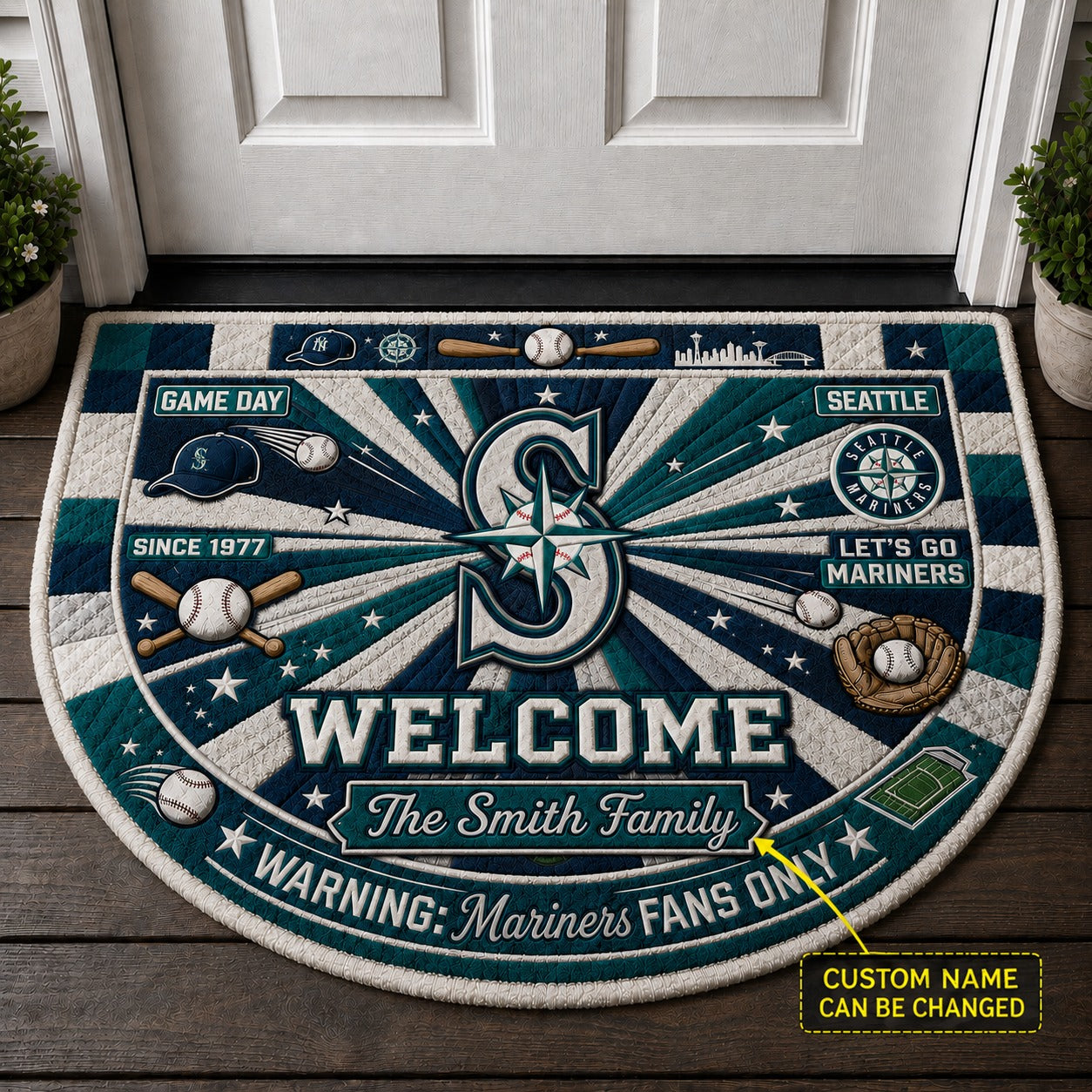 Official-Inspired Baseball Fan Custom Quilted Print Premium Welcome Mat Washable Black Border – Personalized Baseball Doormat