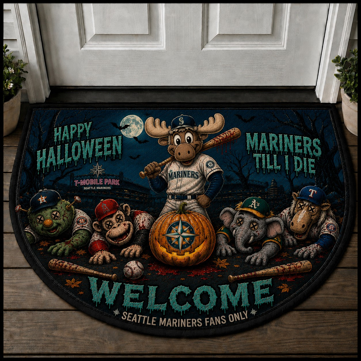 Baseball Halloween All Teams Custom Quilted Print Premium Welcome Mat – Personalized Baseball Doormat