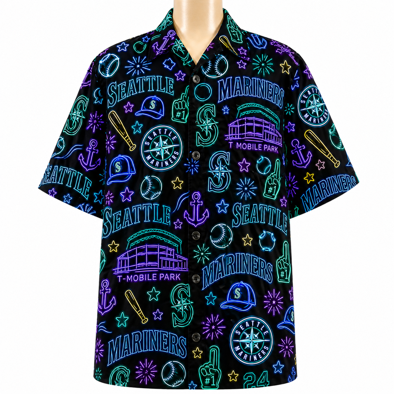 All Baseball Teams Neon Pattern Vibe Summer Party Button-Up Unisex Hawaiian Shirt For Men and Women