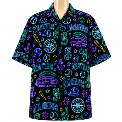 All Baseball Teams Neon Pattern Vibe Summer Party Button-Up Unisex Hawaiian Shirt For Men and Women