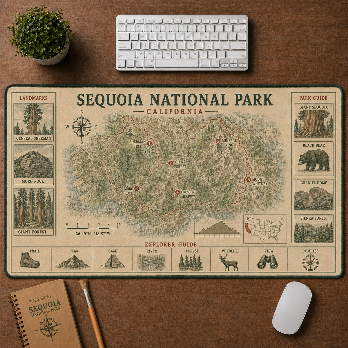 Sequoia National Park Vintage Topographic Park Map Explorer Guide Desk Mat | 5To9Vibe
