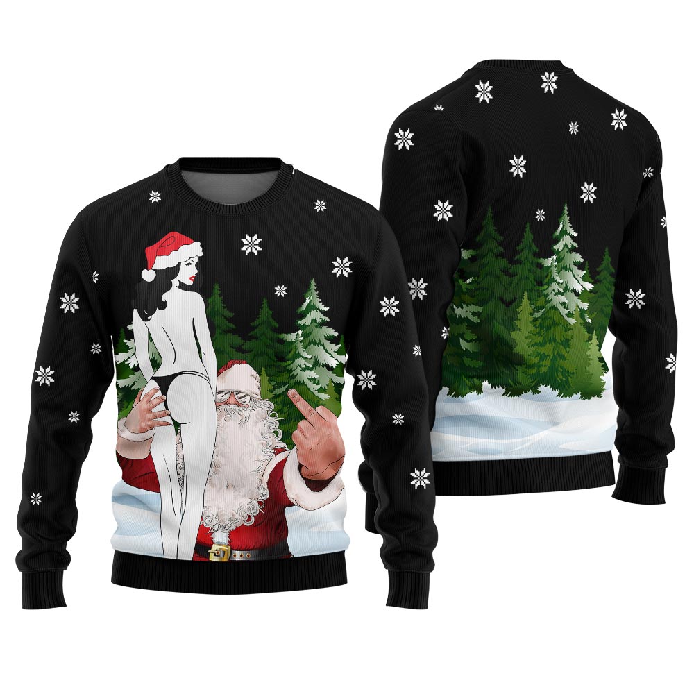 Funny Sexy Girl And Santa Naughty Ugly Christmas Sweater
