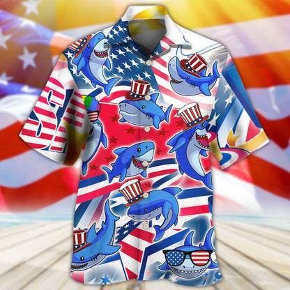 Shark Funny USA Flag Independence Day - Hawaiian Shirt 