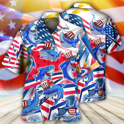 Shark Funny USA Flag Independence Day - Hawaiian Shirt 