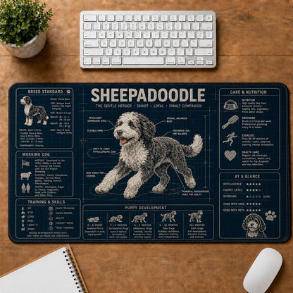 Sheepadoodle Dog Breed Visual Guide Desk Mat | 5To9Vibe