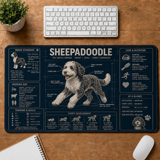 Sheepadoodle Dog Breed Visual Guide Desk Mat | 5To9Vibe