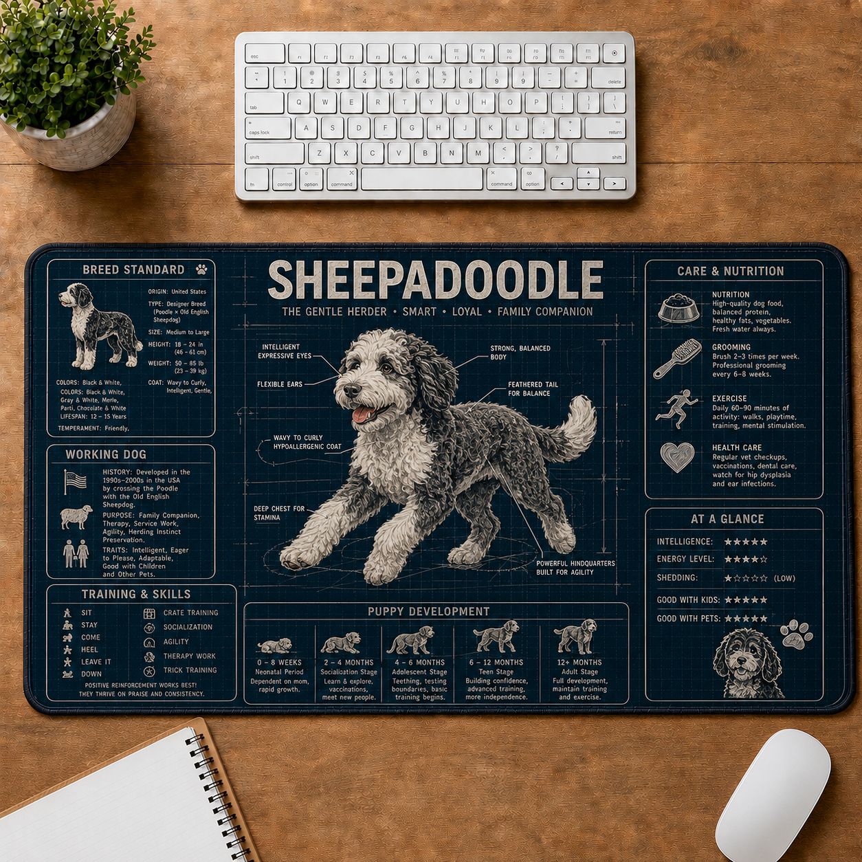Sheepadoodle Dog Breed Visual Guide Desk Mat | 5To9Vibe