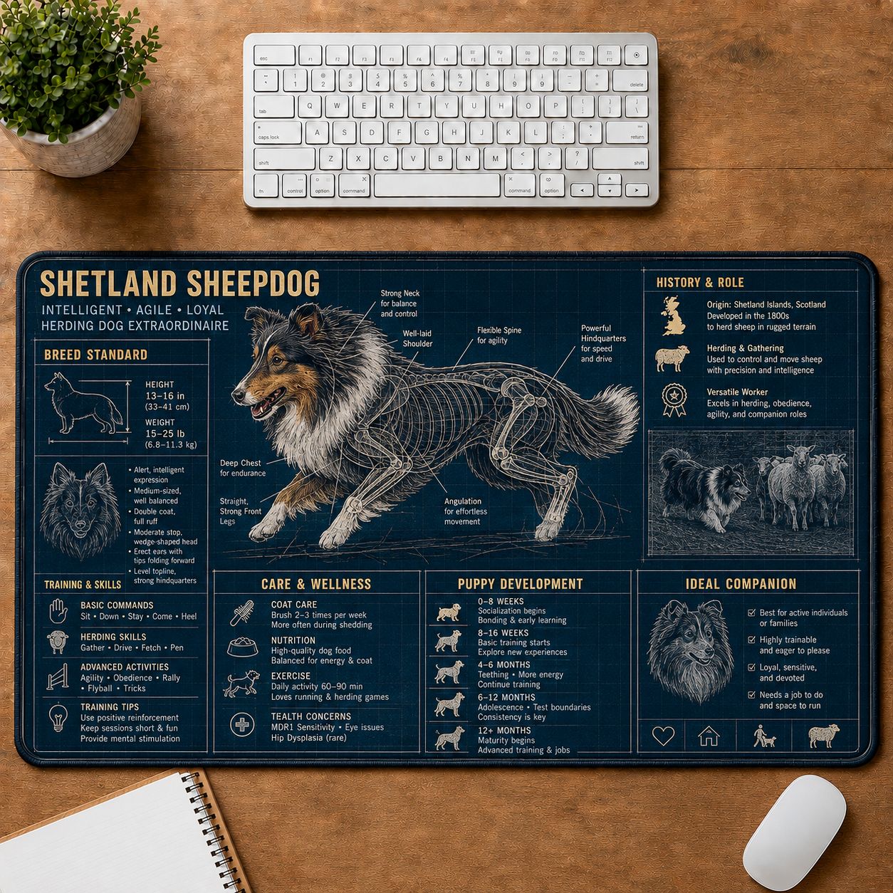 Shetland Sheepdog Dog Breed Visual Guide Desk Mat | 5To9Vibe