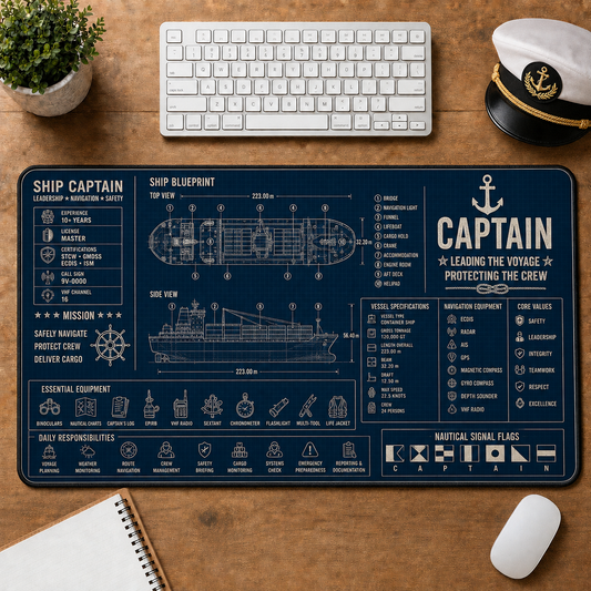 Ship Captain Blueprint Large Desk Mat - Vessel Navigation & Maritime Specs Plus Size Mouse Pad - 5to9vibe