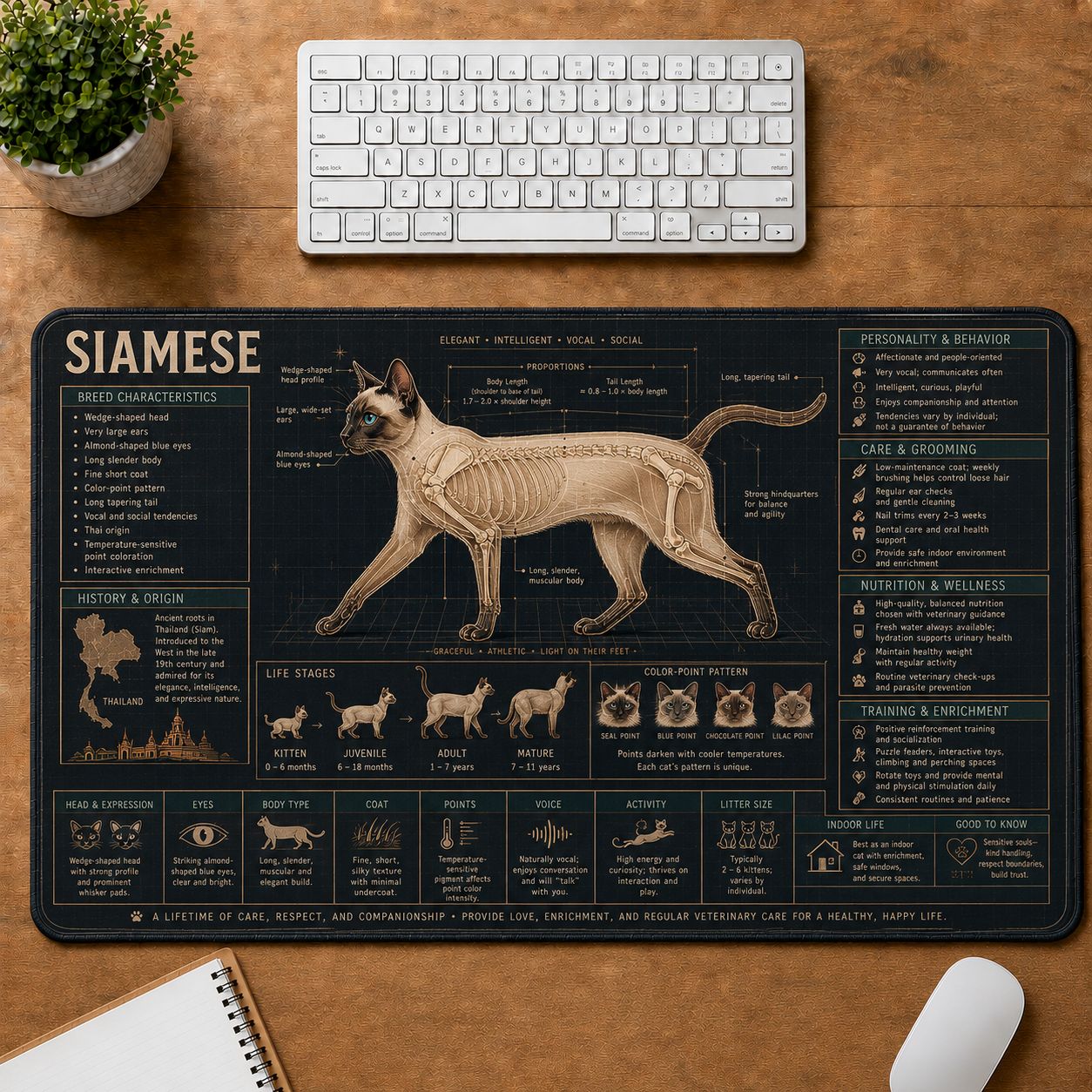 Siamese Cat Breed Desk Mat Anatomy Guide | 5To9Vibe