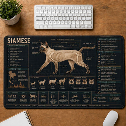 Siamese Cat Breed Desk Mat Anatomy Guide | 5To9Vibe