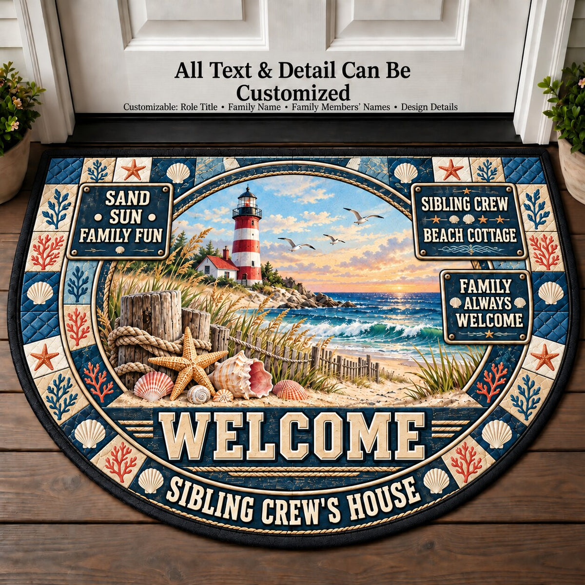 Sibling Crew's Beach Cottage Personalized Half Round Mat | 5To9Vibe