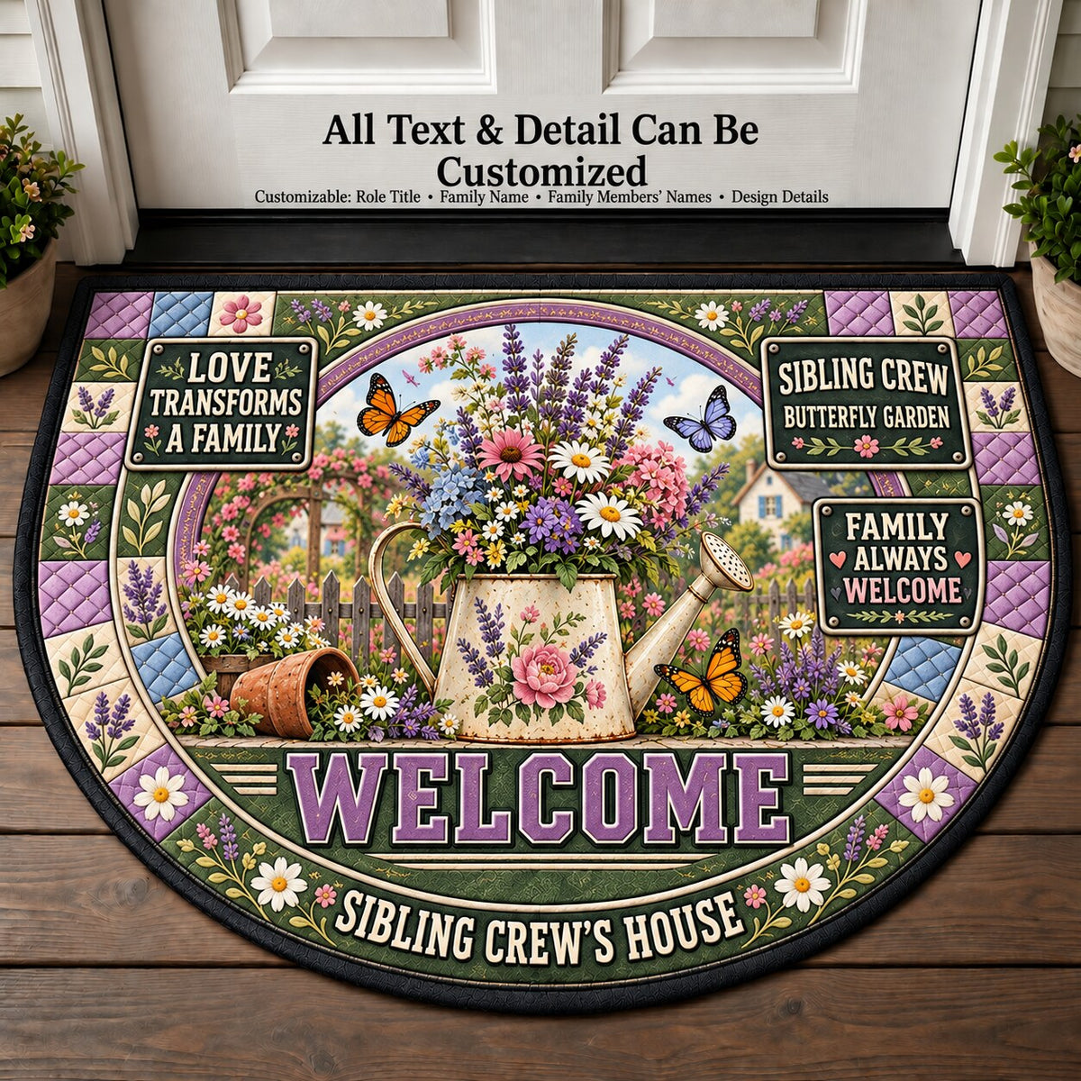 Sibling Crew's Butterfly Garden Personalized Half Round Mat | 5To9Vibe