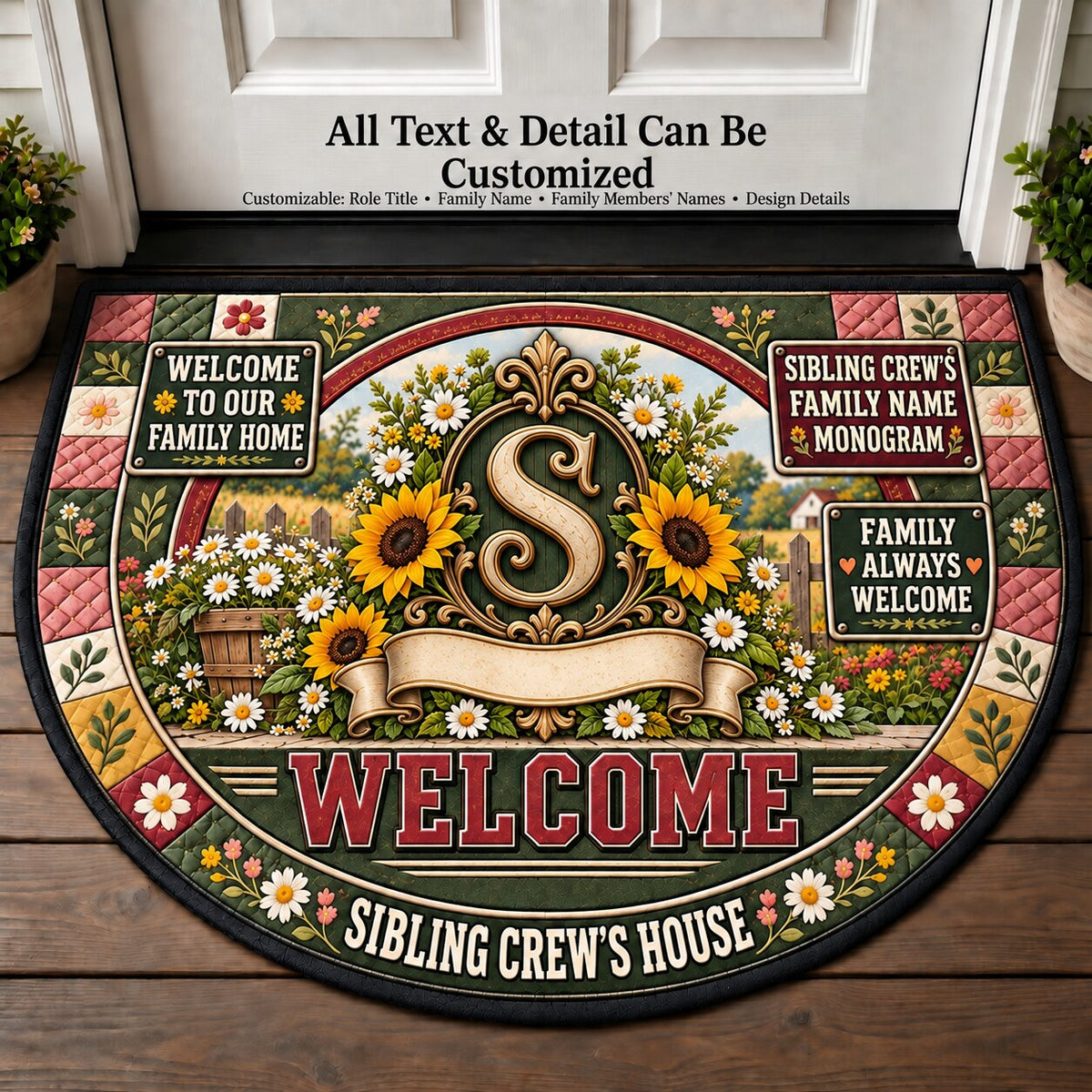 Sibling Crew's Family Name Monogram Personalized Half Round Mat | 5To9Vibe