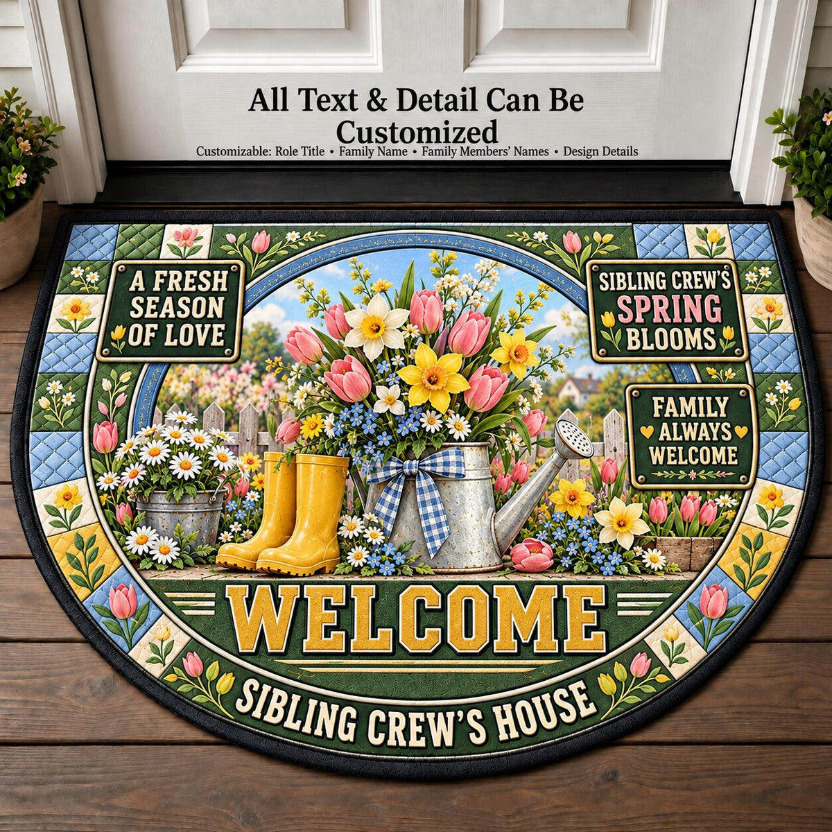 Sibling Crew's Spring Blooms Personalized Half Round Mat | 5To9Vibe