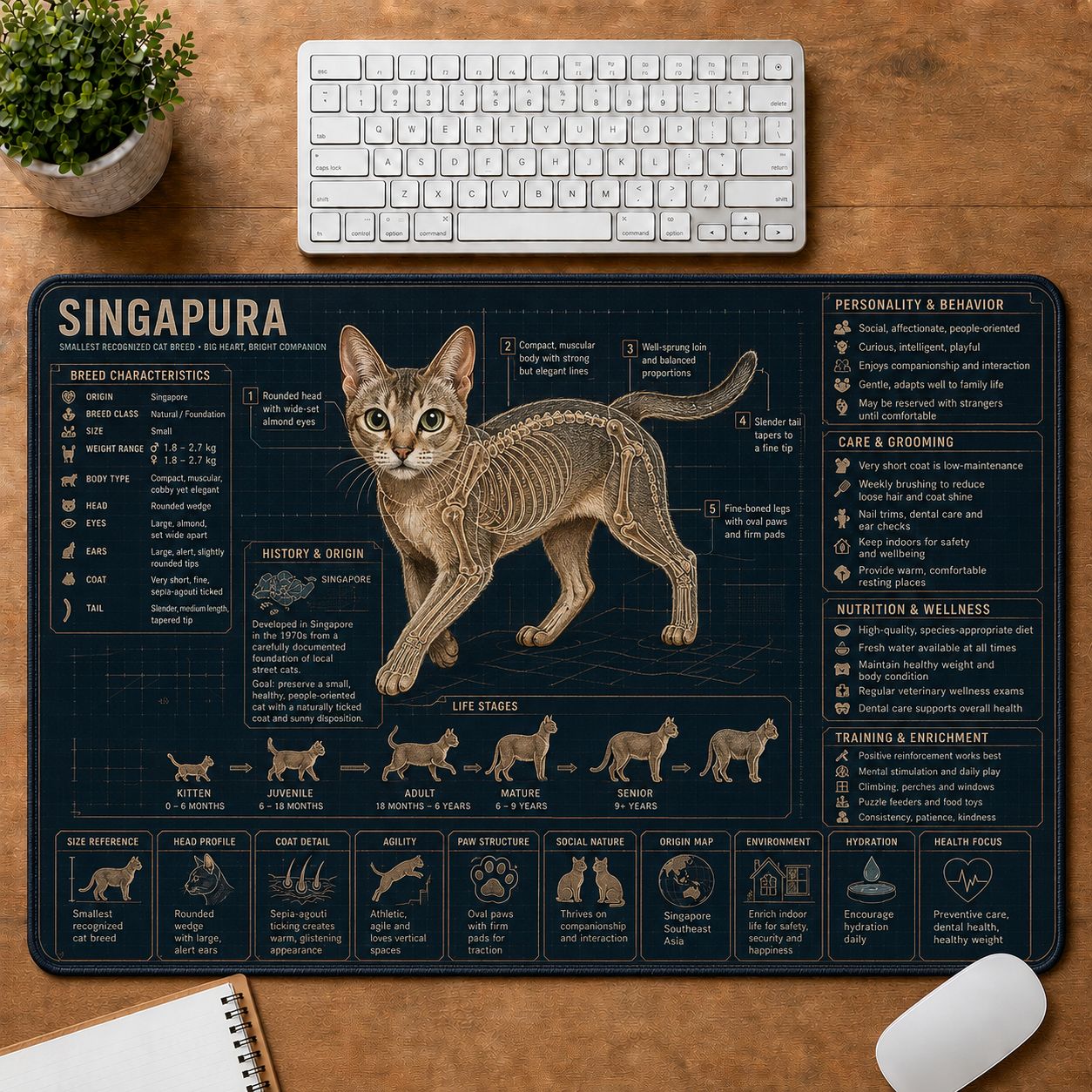 Singapura Cat Breed Desk Mat Anatomy Guide | 5To9Vibe