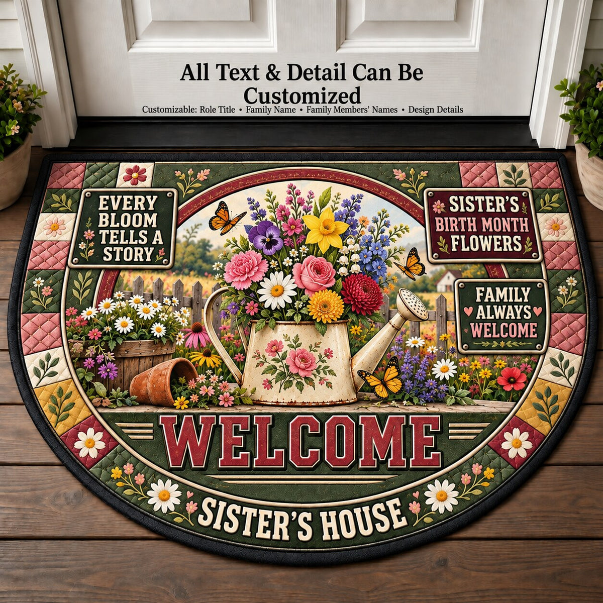 Sister's Birth Month Flowers Personalized Half Round Mat | 5To9Vibe