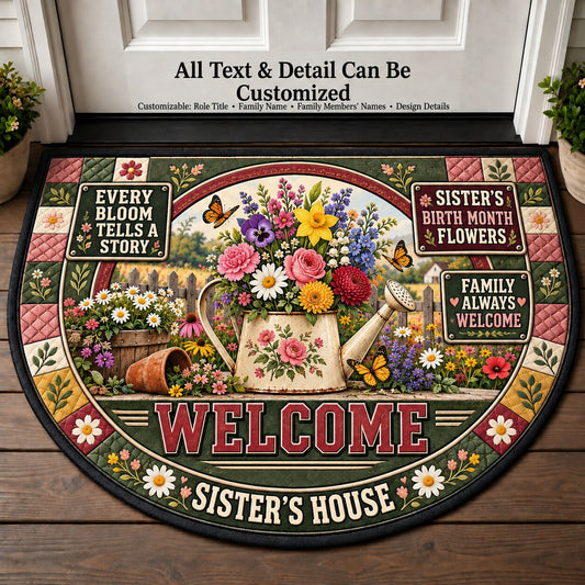 Sister's Birth Month Flowers Personalized Half Round Mat | 5To9Vibe