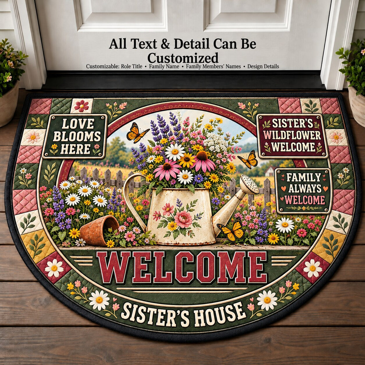 Sister's Wildflower Welcome Personalized Half Round Mat | 5To9Vibe