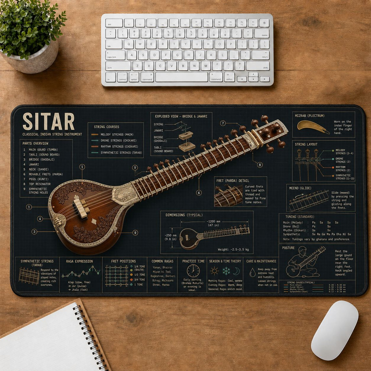Sitar Musical Instrument Blueprint Guide Desk Mat | 5To9Vibe