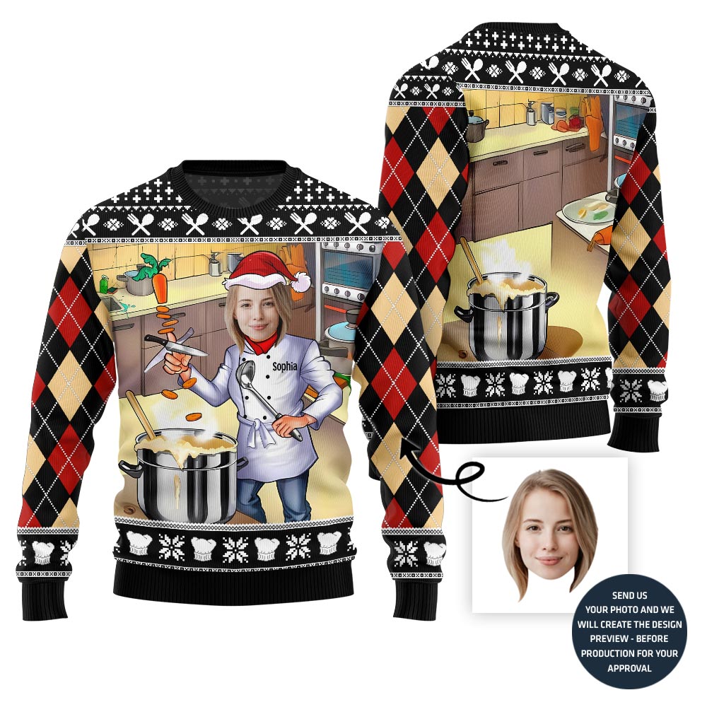 Sizzling Custom Chef Face And Name Ugly Christmas Sweater