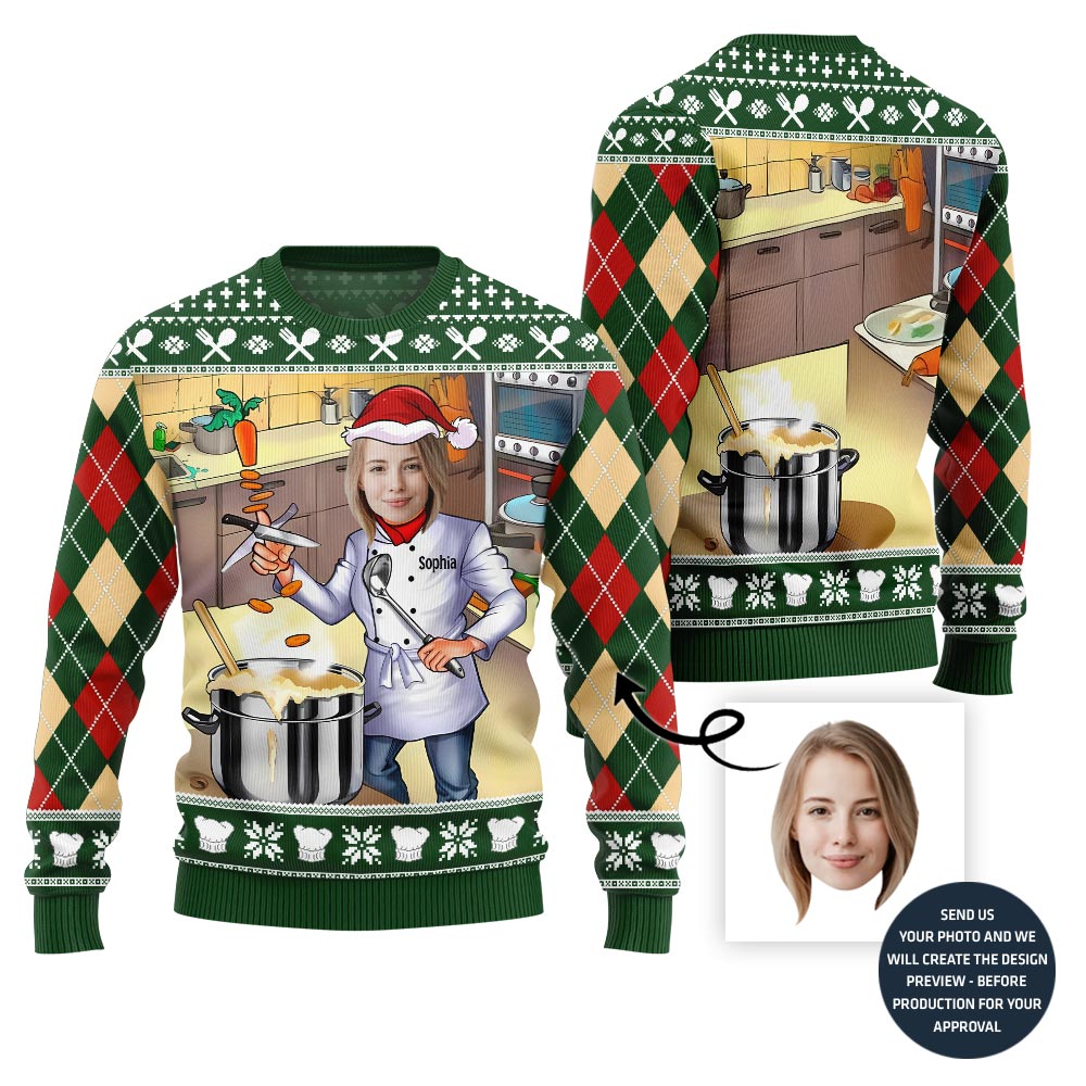 Sizzling Custom Chef Face And Name Ugly Christmas Sweater