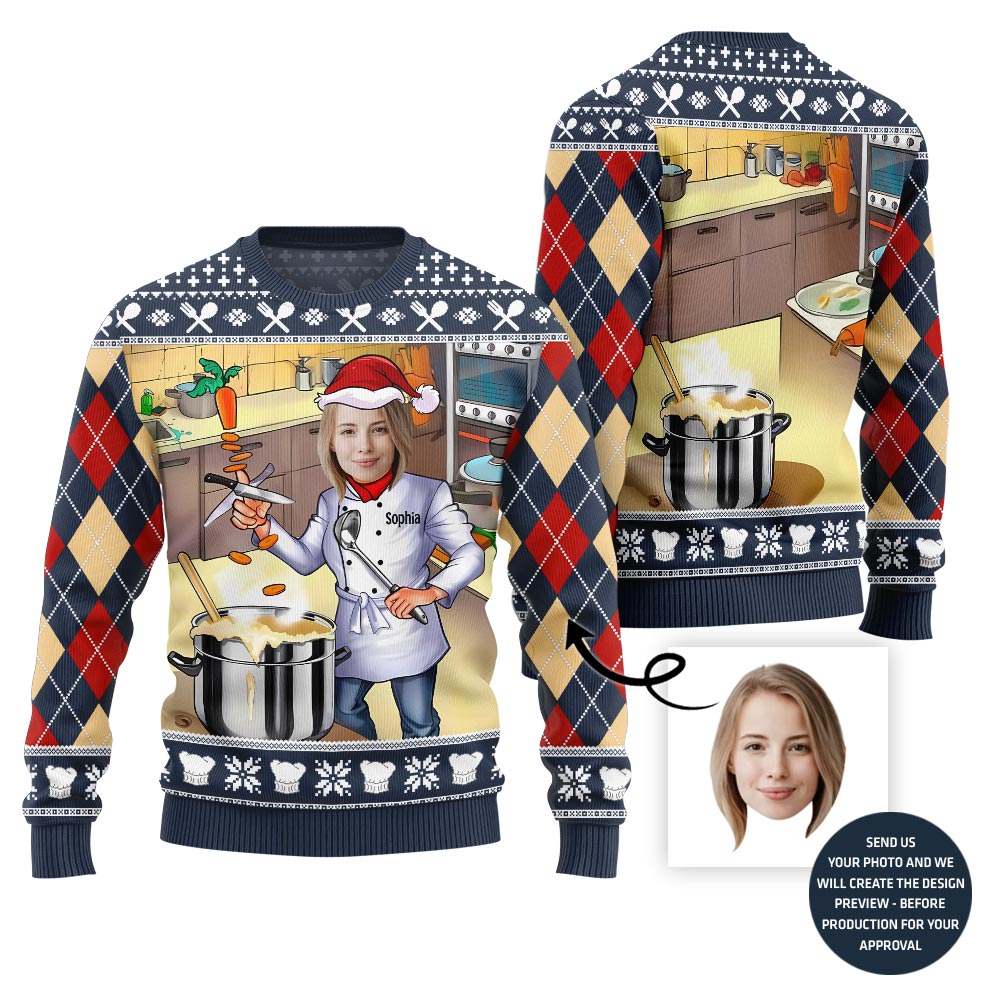 Sizzling Custom Chef Face And Name Ugly Christmas Sweater