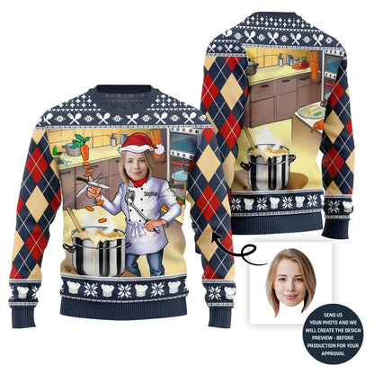Sizzling Custom Chef Face And Name Ugly Christmas Sweater