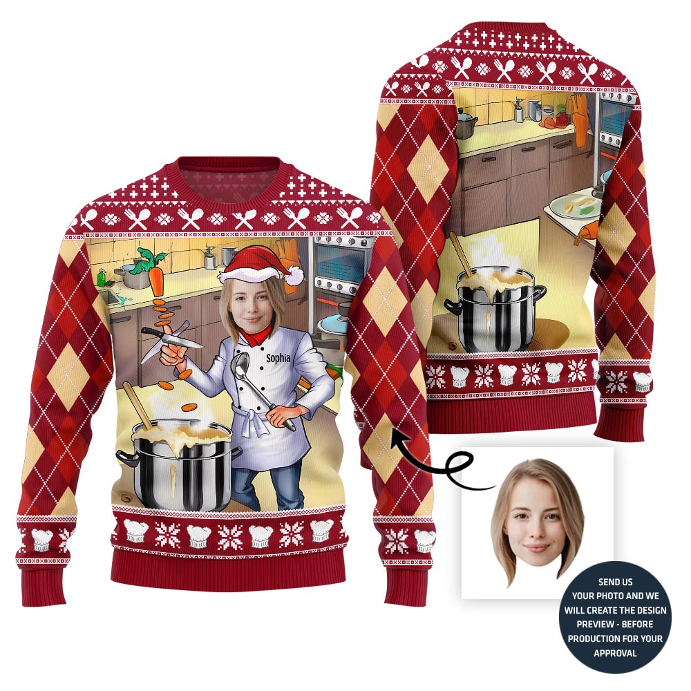 Sizzling Custom Chef Face And Name Ugly Christmas Sweater