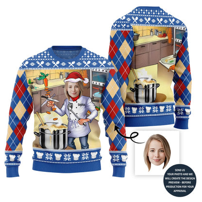 Sizzling Custom Chef Face And Name Ugly Christmas Sweater