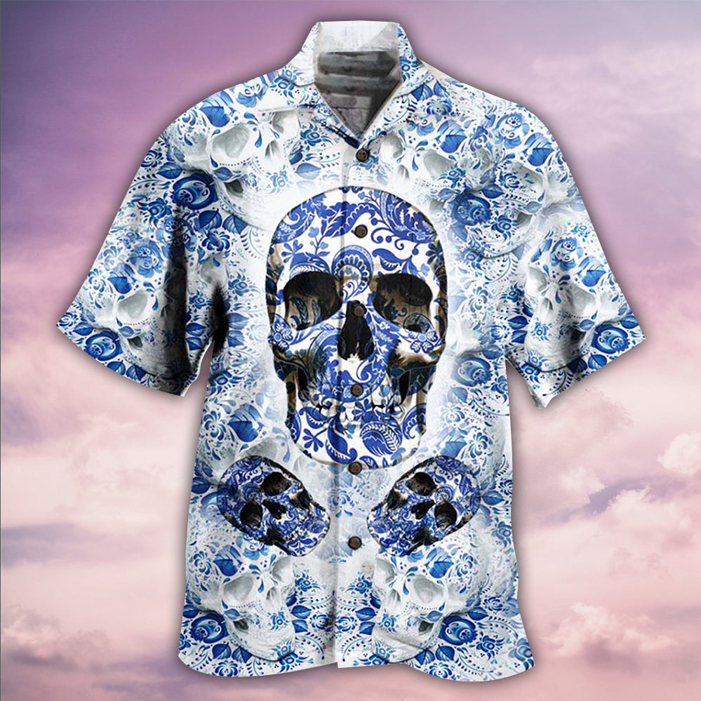 Skull Love Life Blue White - Hawaiian Shirt 