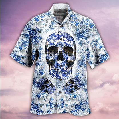 Skull Love Life Blue White - Hawaiian Shirt 