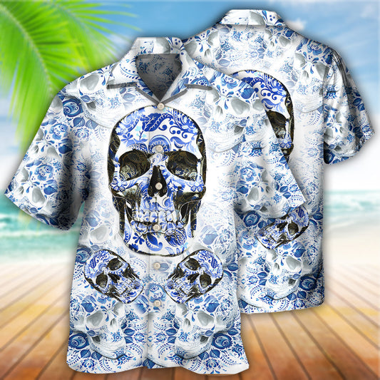 Skull Love Life Blue White - Hawaiian Shirt 