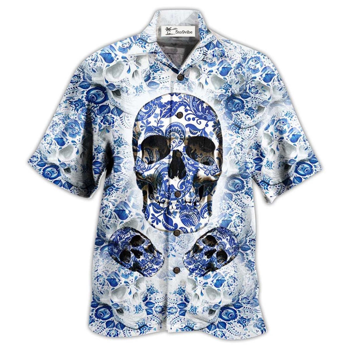 Hawaiian Shirt / Adults / S Skull Love Life Blue White - Hawaiian Shirt 