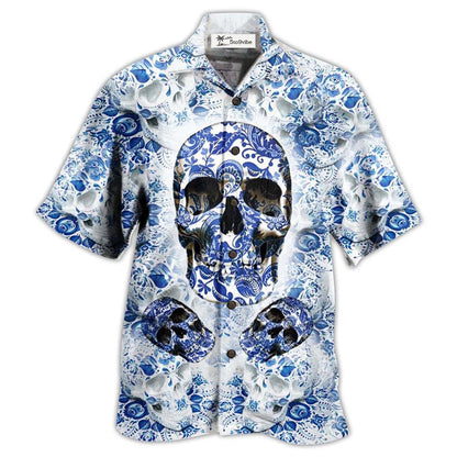 Hawaiian Shirt / Adults / S Skull Love Life Blue White - Hawaiian Shirt 