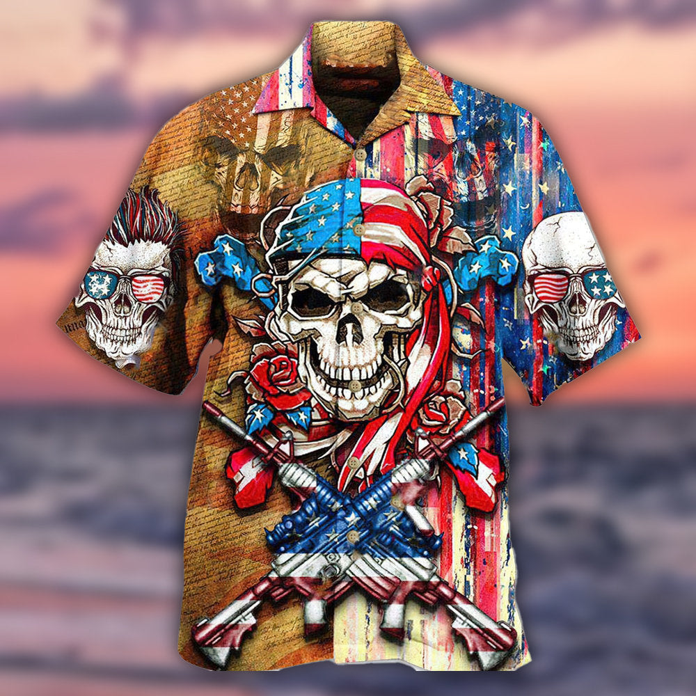 Skull Patriotic Flower America - Hawaiian Shirt 