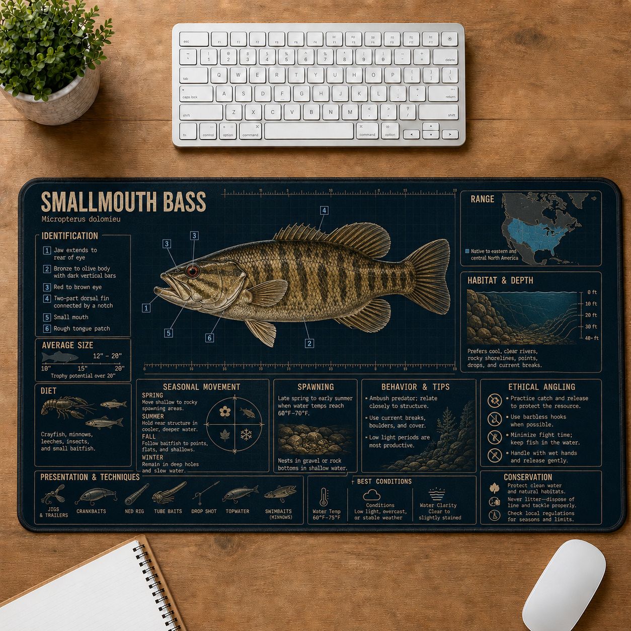 Smallmouth Bass Fishing Field Guide Desk Mat | 5To9Vibe