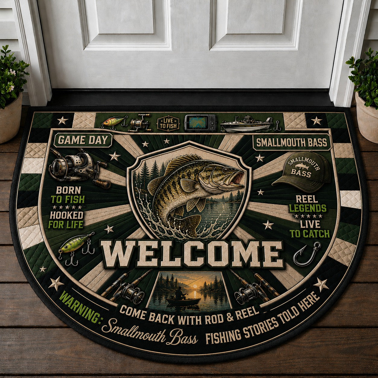 Smallmouth Bass Fishing Stories Quilted Print Premium Welcome Mat – Personalized Doormat