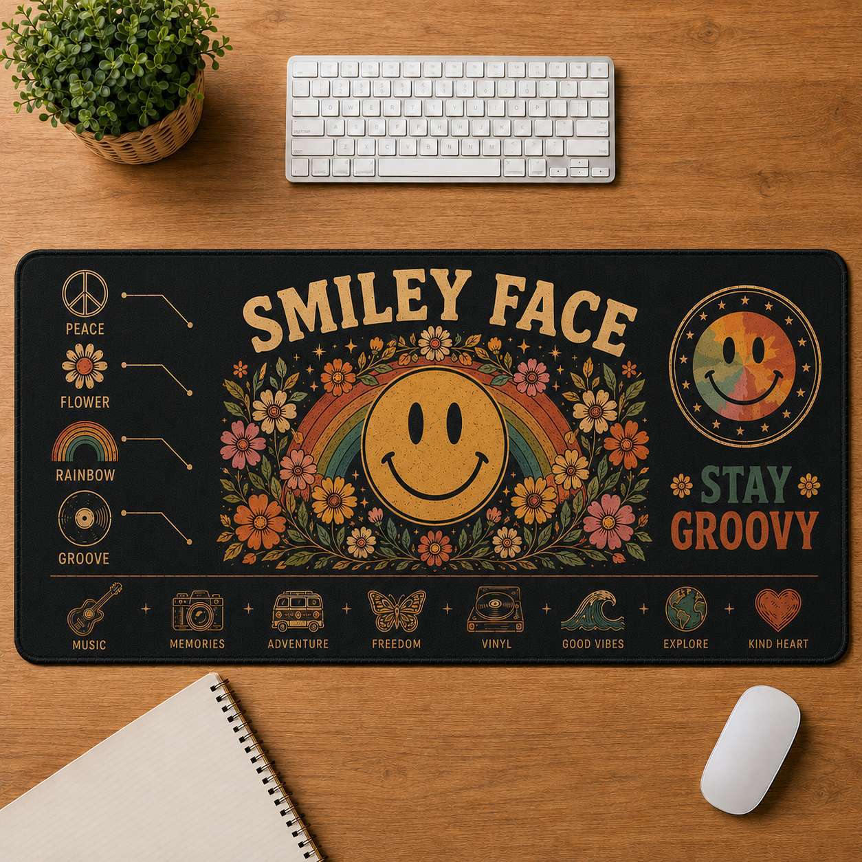 Smiley Face Hippie Desk Mat Mouse Pad | 5To9Vibe - Smiley Face style